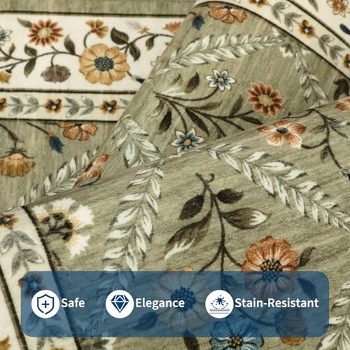 GarveeHome 8x10 Washable Large Living Room Rug Vintage Floral Carpet Green