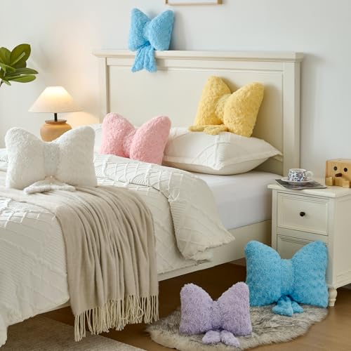 Bow Pillow, Decorative Bow Pillows with Soft Plush for Couch Bed, Bow Shaped Throw Pillow Room Decor for Bedroom, Bow Decorative Pillow for Living Room (White, Small-12 Inches)