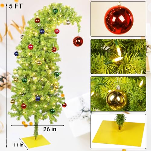 Juegoal 5 FT Artificial Christmas Tree, Pre-Lit Curved Shape Artificial Whimsical Xmas Tree with 150 LED Warm White Lights & Colorful Balls, 8 Lighting Modes Bendable Fake Pine Tree with Metal Base