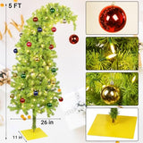 Juegoal 5 FT Artificial Christmas Tree, Pre-Lit Curved Shape Artificial Whimsical Xmas Tree with 150 LED Warm White Lights & Colorful Balls, 8 Lighting Modes Bendable Fake Pine Tree with Metal Base