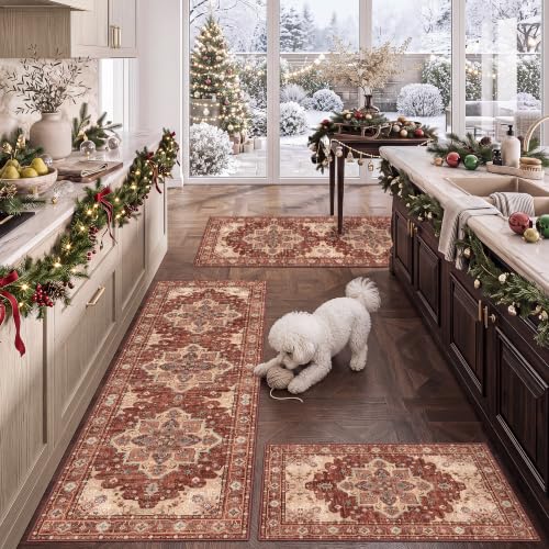 3 Piece Kitchen Rugs Sets with Runner, Washable Non Slip Soft Boho Kitchen Mats, Low Pile Stain Resistant Carpet for Hallway, Laundry Room, Entryway, Home Decor(20"x32"+20"x48"+20"x59", Rust Red)