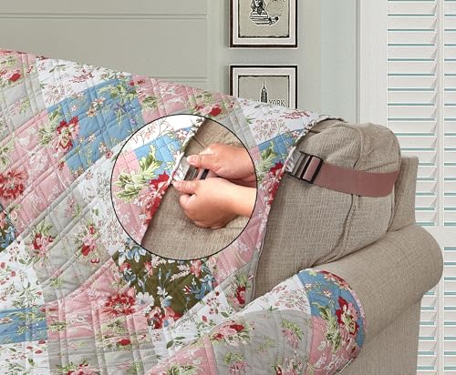 Brilliant Sunshine Peach and Olive Flowers Couch Armchair Cover, Patchwork Design, Sofa Cover for Dogs, Slip Resistant Furniture Protector with Strap, Washable Slipcover for Kids and Pets (23" seat)