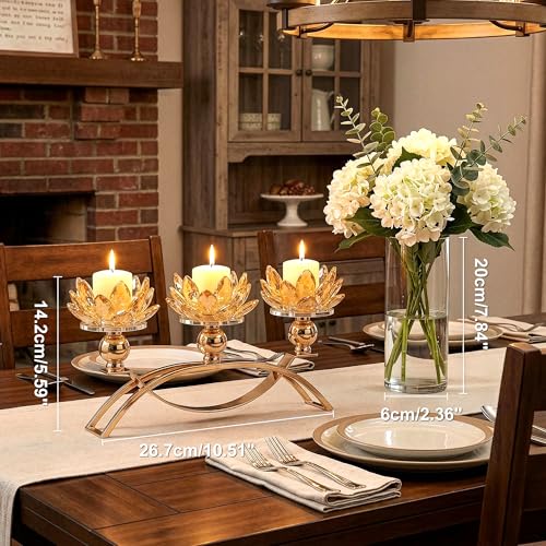 Crystal Candle Holder, 5.6" Tall Gold Centerpieces for Tables, 3-Arm Lotus Candelabra, Home Decor for Wedding, Dining Room, Coffee Table and Living Room (10.5" L, Fits Tealight Candles)