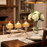 Crystal Candle Holder, 5.6" Tall Gold Centerpieces for Tables, 3-Arm Lotus Candelabra, Home Decor for Wedding, Dining Room, Coffee Table and Living Room (10.5" L, Fits Tealight Candles)