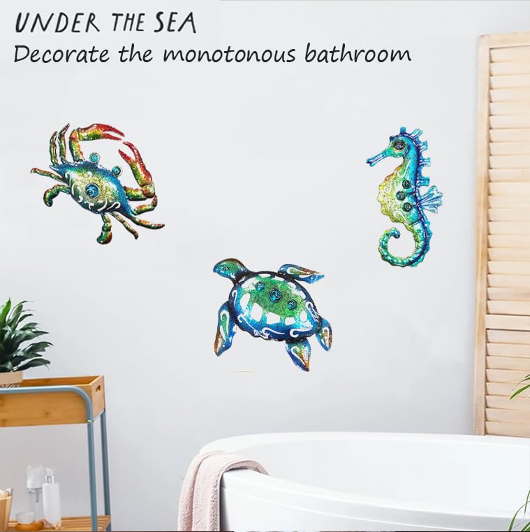 BVLFOOK Metal Sea Turtle Seahorse Crab Beach Themed Bathroom Wall Art Decor, Ocean Valentine Wall Decorations for Home Bathroom,10 Inch, Set of 3