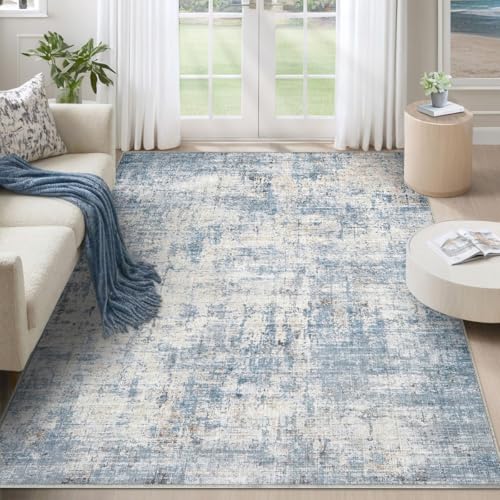 Washable 4'x6' Abstract Area Rug for Bedroom Living Room Blue White