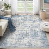 Washable 4'x6' Abstract Area Rug for Bedroom Living Room Blue White