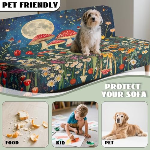 Mushroom Starry Night Futon Covers, Armless Sofa Covers, Stretch Sofa Bed Cover, Washable Futon Slipcover Furniture Protector for Kids, Pets, Dog and Cat