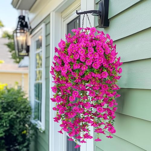 MARTINE MALL 2 Pcs Look Real Artificial Flowers for Outdoors, Realistic Artificial Hanging Flowers for Outdoors, UV Resistant Fake Hanging Plants Silk Petunia Faux Flowers for Porch Patio, Fuchsia