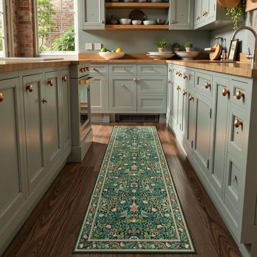 Kitchen Runner Rugs Washable, Boho Floral Hallway Runner Rug 8ft, Botanical Birds Indoor Floor Carpet for Entryway Laundry Bedroom Bedside, Dark Green