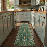 Kitchen Runner Rugs Washable, Boho Floral Hallway Runner Rug 8ft, Botanical Birds Indoor Floor Carpet for Entryway Laundry Bedroom Bedside, Dark Green