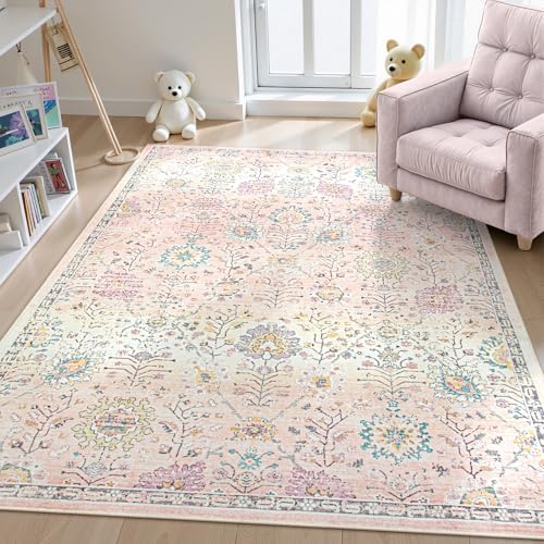 Lahome Pink Rug for Girls Bedroom 5x7, Soft Washable Floral Area Rug, Boho Non Slip Carpet for Kids Room, Teen Room, Playroom, Nursery, Classroom, Living Room