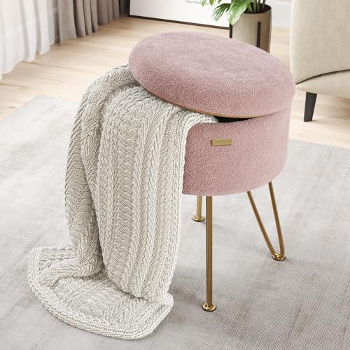 Round Ottoman with Storage, Boucle Storage Ottoman, Foot Stool Ottomans, Makeup Vanity Stool, Small Ottomans Foot Rest, Modern Vanity Stools for Living Room and Bedroom, Pink