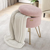 Round Ottoman with Storage, Boucle Storage Ottoman, Foot Stool Ottomans, Makeup Vanity Stool, Small Ottomans Foot Rest, Modern Vanity Stools for Living Room and Bedroom, Pink