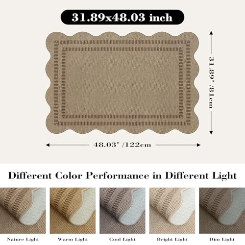 Easy Jute Front Door Mat, 2.6x4 Washable Entryway Rug Non Slip Small Kitchen Rug, Farmhouse Low Pile Floor Scalloped Rugs for Bathroom Porch Doorway
