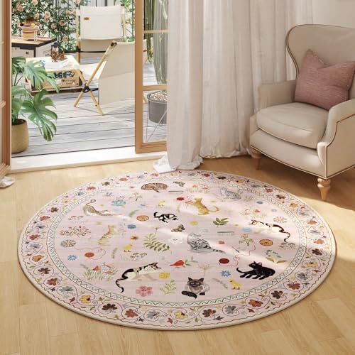 Rugcomf Round Area Rug 6ft Washable Non Slip Floral Animal Cat, Pink