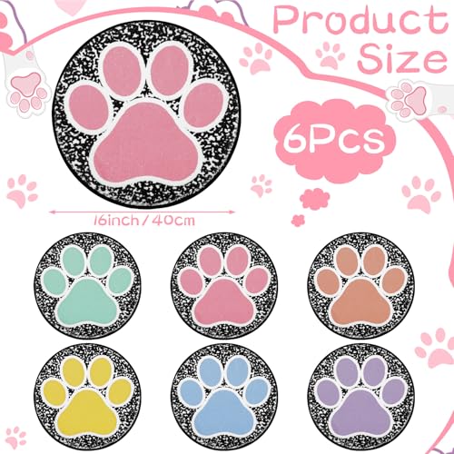 Teenyyou 6 Pcs 16" Dog Paw Classroom Rug Composition Notebook Classroom Rug Boho Pastel Floor Mat Non Slip Floor Mat for Preschool Kindergarden Dog Paw Round Flexible Seats Group Activity Spots Marker