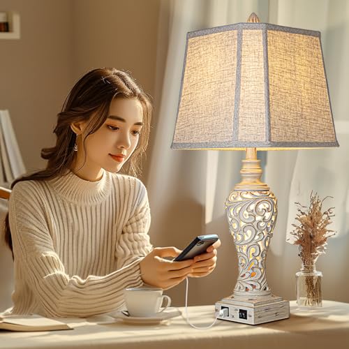 LuxSight Collection 28.5" Table Lamps Set of 2 - Bedside Lamp with Fabric Shades - for Bedroom and Living Room with USB and Nightlight - Perfect for Nightstands and Bedrooms