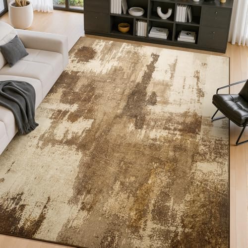 5x7 Brown Washable Area Rug Non-Slip Faux Wool Abstract Rug