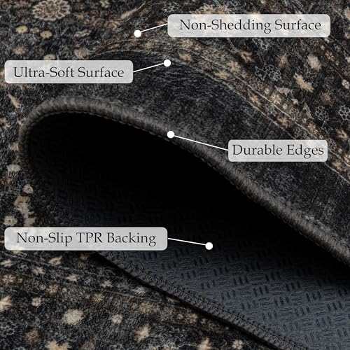 Ruaruarug Washable Area Rug 8x10 for Living Room, Bedroom, Ultra Soft Non Slip Stain & Fade Resistant, Pet & Kids Friendly, Suitable for High Traffic Areas Easy to Clean for Office Kitchen, Black Grey