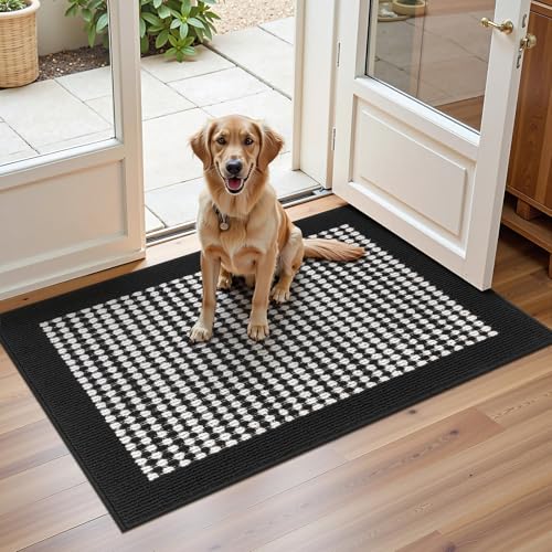 Indoor Door Mat 2x3ft, Absorbent Muddy Mats for Dogs, Low-Profile Entrance Welcome Mat with Non-Slip Rubber Backing, Washable Runner Carpet for Hallway,Entryway,Kitchen (Black)