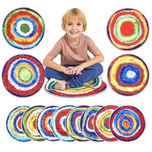 Carpet Circles Kids Rug 16Inch Rainbow Crazy Carpet Circle Seats Preschool Classroom Accessories 12pcs Round Flexible Seats Group Activity Spots Marker for Classroom Kindergarden Playroom