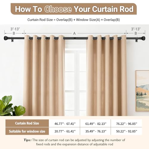 Curtain Rods for Windows 20.77 to 92.85 Inches, 1" Diameter Adjustable Black Curtain Rod, Window Treatment Rods with Round Finials, Easy Mount Hardware Included (46.77-96.85 Inches)