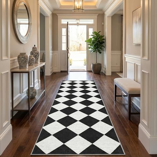 GarveeHome Checkered Hallway Runner Rug 2.6x8 Black and White Kitchen Rug