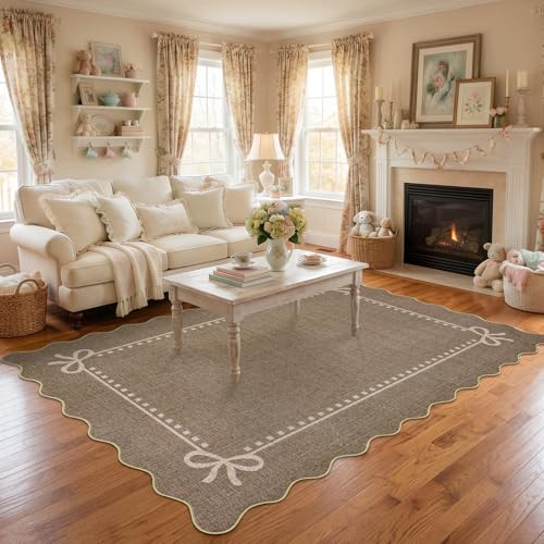 Garvee Scalloped Bow Rug for Living Room Washable Solid Brown 6x9 Area Rugs