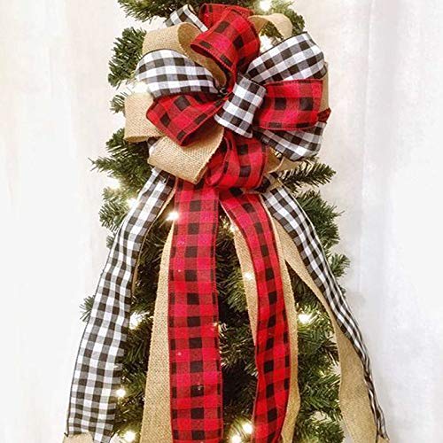 Christmas Tree Topper Large Buffalo Plaid Burlap Red and Black Gift Bow for Xmas Tree Handmade Holiday Party Decorations-13 x 29 Inch