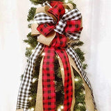 Christmas Tree Topper Large Buffalo Plaid Burlap Red and Black Gift Bow for Xmas Tree Handmade Holiday Party Decorations-13 x 29 Inch