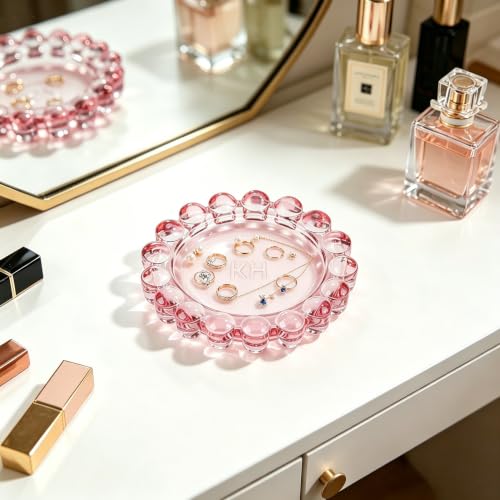 Chic Pink Bubble Glass Candle Dish – Modern Clear Glass Candle Holder for Tealights & Diffusers, Decorative Tray for Home & Tabletop Decor（1 Pack）