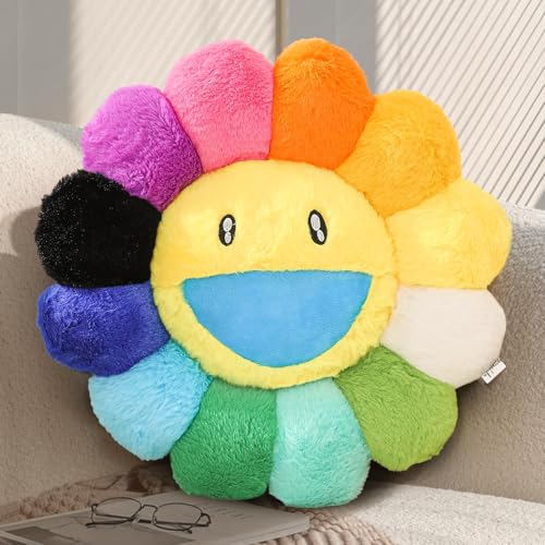 Flower Pillow,Colorful Flower Shaped Throw Pillow,Smiley Face Floor Cushions,Cute Sunflower Plush Pillows,Cute Plushie Room Decor,Decorative Pillows for Bed,Couch,Sofa,Car (Colorful,15.7In)