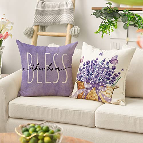 AVOIN colorlife Lavender Home Sweet Home Spring Throw Pillow Covers, 18 x 18 Inch Purple Summer Cushion Case for Sofa Couch Set of 4