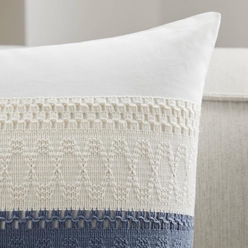 Soft Cotton Boho Throw Pillow Covers Set of 2, Natural White/Contrast Blue 18x18 Inch, Blue Farmhouse Decorative Cushion Covers for Sofa Bed Living Room Home Decor
