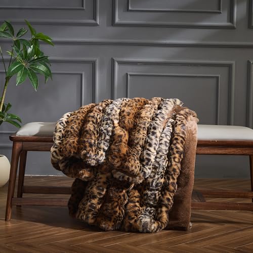 RYNGHIPY Faux Fur Blankets for Couch Bed Fluffy Warm Thick Throw Blanket for Bedroom Living Room Soft Cozy Plush Decorative Bubble Furry Blanket Cheetah Print Blanket (Leopard-Coffee, 51''x63'')