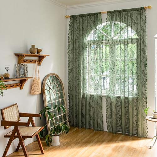 Sutuo Home Olive Green Lace Curtains 84 Inches Long for Bedroom Living Room, Leaf Embroidery Window Sheer Drapes Pair, Rod Pocket Vintage Country Window Treatments Set of 2 Panels, 57" W x 84" L