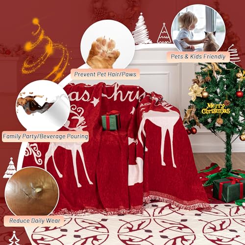 MYSKY HOME Christmas Couch Cover Sofa Cover, Couch Covers for 3 Cushion Couch Sofa Pet Friendly, L Shaped Couch Cover, Sectional Couch Covers Non Slip Furniture Protector for Kids, Dogs, 71"x134", Red