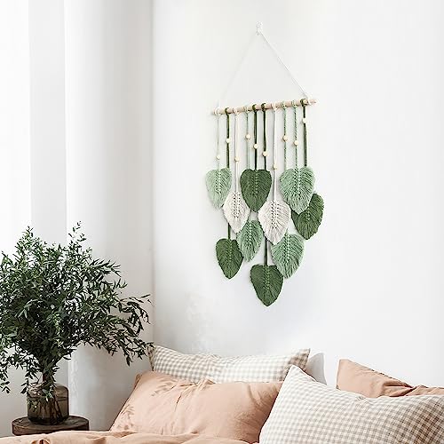 Avoik Macrame Wall Hanging Boho Woven Tapestry Handmade Home Wall Decor Bohemian Leaf Modern Chic Wall Art Green Feather Decorations for Living Room Bedroom Apartment Nursery Farmhouse Backdrop