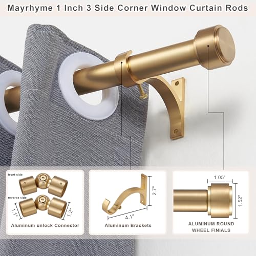 Warm Gold Bay Window Curtain Rods with Aluminum End Cap Finials and Brackets,Adjustable 36-72 Inch Center Rod for windows (24-68’’), 20-36 Inch Side Rods for windows (16-32’’),1 Inch Diameter
