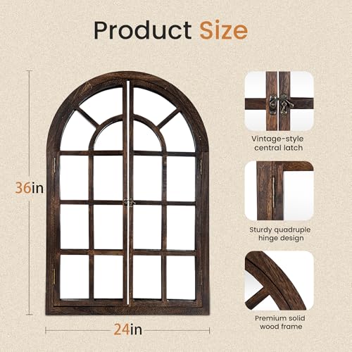Arched Wall Mirror with Window Pane Design 36x24 Inch Rustic Farmhouse Wood Decorative Mirror for Living Room Bedroom Entryway