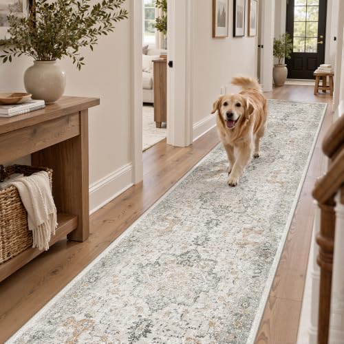 GENIMO 2'6"x14' Washable Runner Rug Non Slip for Hallway, Gray Beige