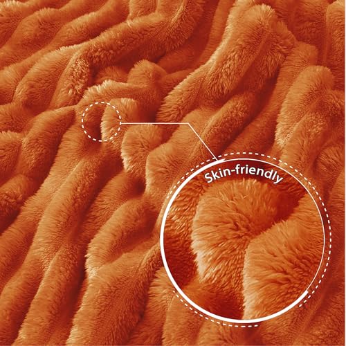 Exclusivo Mezcla Fleece Throw Blanket for Couch, Super Soft Striped Jacquard Bed Blanket, Lightweight Fuzzy Cozy for All Seasons, 50x60 Inches, Burnt Orange