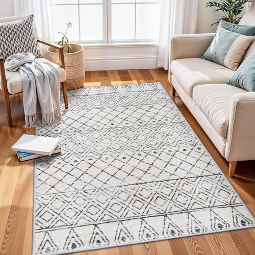 3x5 Washable Moroccan Area Rug: Ultra Soft Low Pile Non Slip Rugs Grey