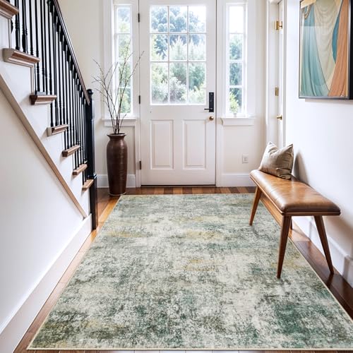 4x5 Washable Abstract Entryway Rug: Non Slip Area Rug for Living Room Green
