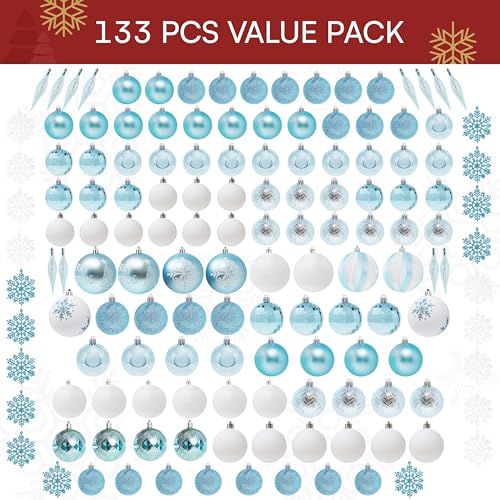 Joiedomi 133 Pcs Christmas Ornaments, Blue & White Assorted Shatterproof Christmas Balls Ornaments for Xmas Tree Wreath Garland Holidays Indoor/Outdoor Party and Events