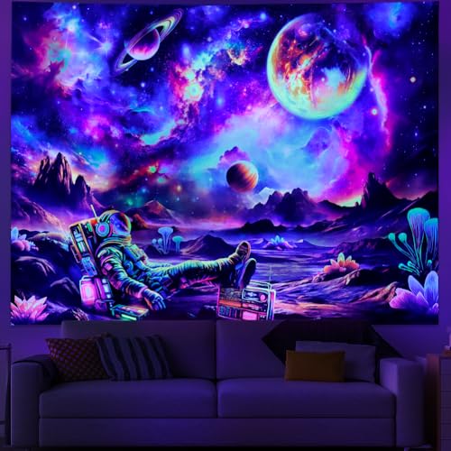 Ameyahud Blacklight Astronaut Tapestry UV Reactive Galaxy Space Tapestry Glow in The Dark Trippy Universe Planet Tapestries Neon Starry Sky Wall Hanging Decor for Home