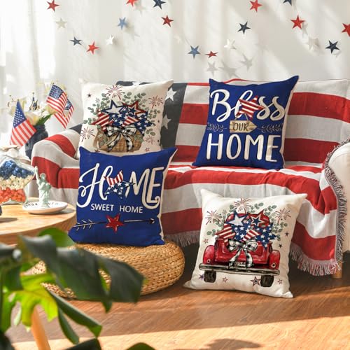 AVOIN colorlife Bless Our Home Eucalyptus Stars Fireworks Car Blue Throw Pillow Covers, 18 x 18 Inch 4th of July Patriotic Independence Memorial Day USA Flag Cushion Case for Sofa Couch Set of 4