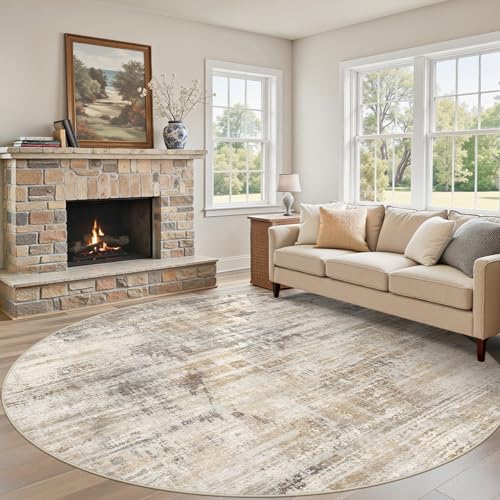 8ft Round Area Rug for Living Room Washable Abstract Golden Brown