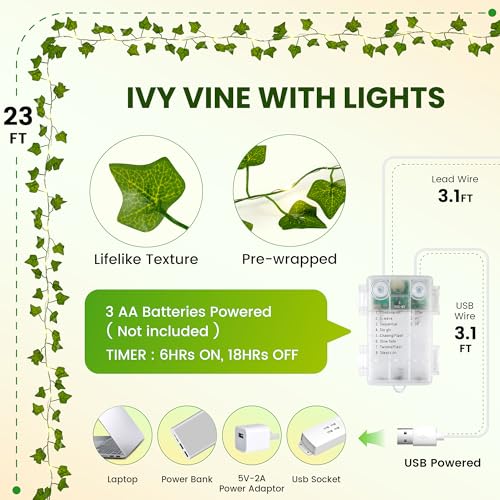 Ivy Vine String Lights, 23FT 73 LED Pre-Wrapped Faux Ivy Garland with Fairy Lights, USB & Battery Powered Leaf Lights for Bedroom Wall, Dorm Room, Classroom Decor, Warm White